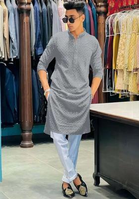 Grey Woven Design Viscose Kurta Set For Men