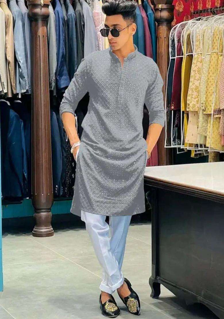 Grey Woven Design Viscose Kurta Set For Men - Indya