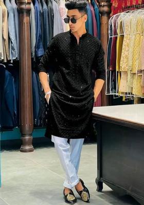 Black Embroidered Viscose Kurta Set For Men