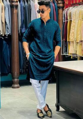 Turquoise Blue Embroidered Viscose Kurta Set For Men
