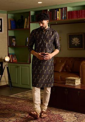 Black Printed Silk Kurta Set For Men