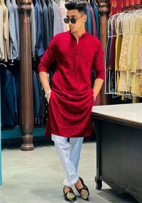 Red Embroidered Viscose Kurta Set For Men