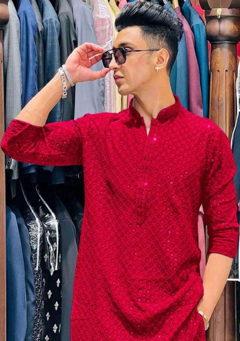 Red Embroidered Viscose Kurta Set For Men - Indya