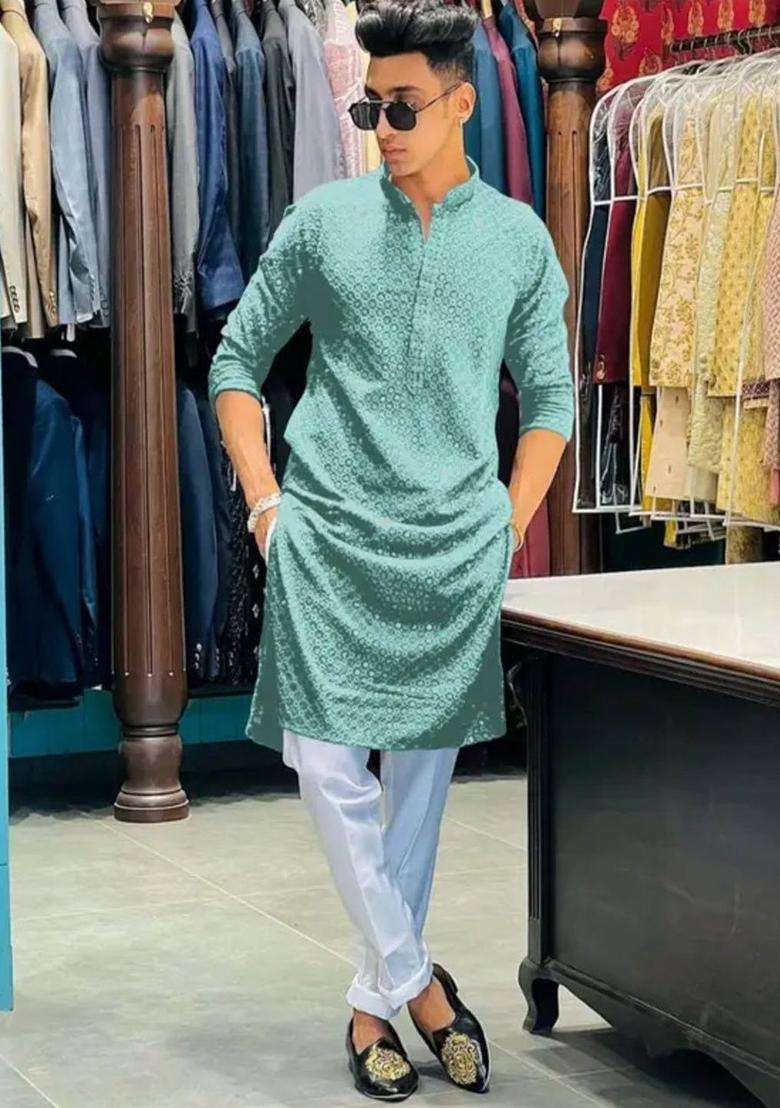 Green Embroidered Viscose Kurta Set For Men - Indya