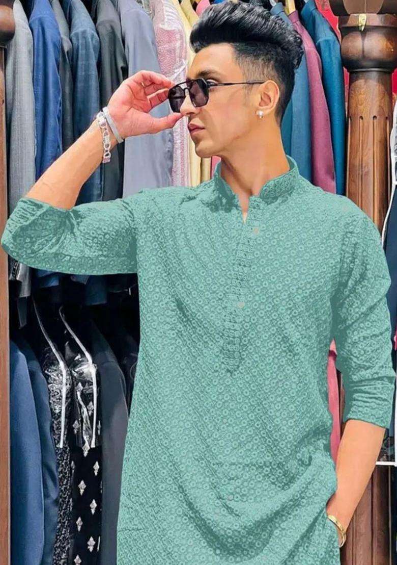 Green Embroidered Viscose Kurta Set For Men - Indya