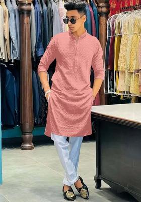 Peach Embroidered Viscose Kurta Set For Men