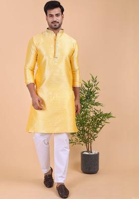 Yellow Woven Design Silk Kurta Set For Men