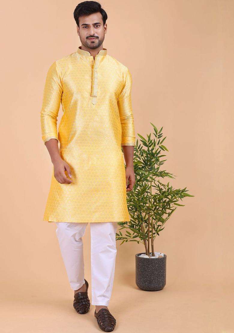Yellow Woven Design Silk Blend Kurta Set For Men - Indya