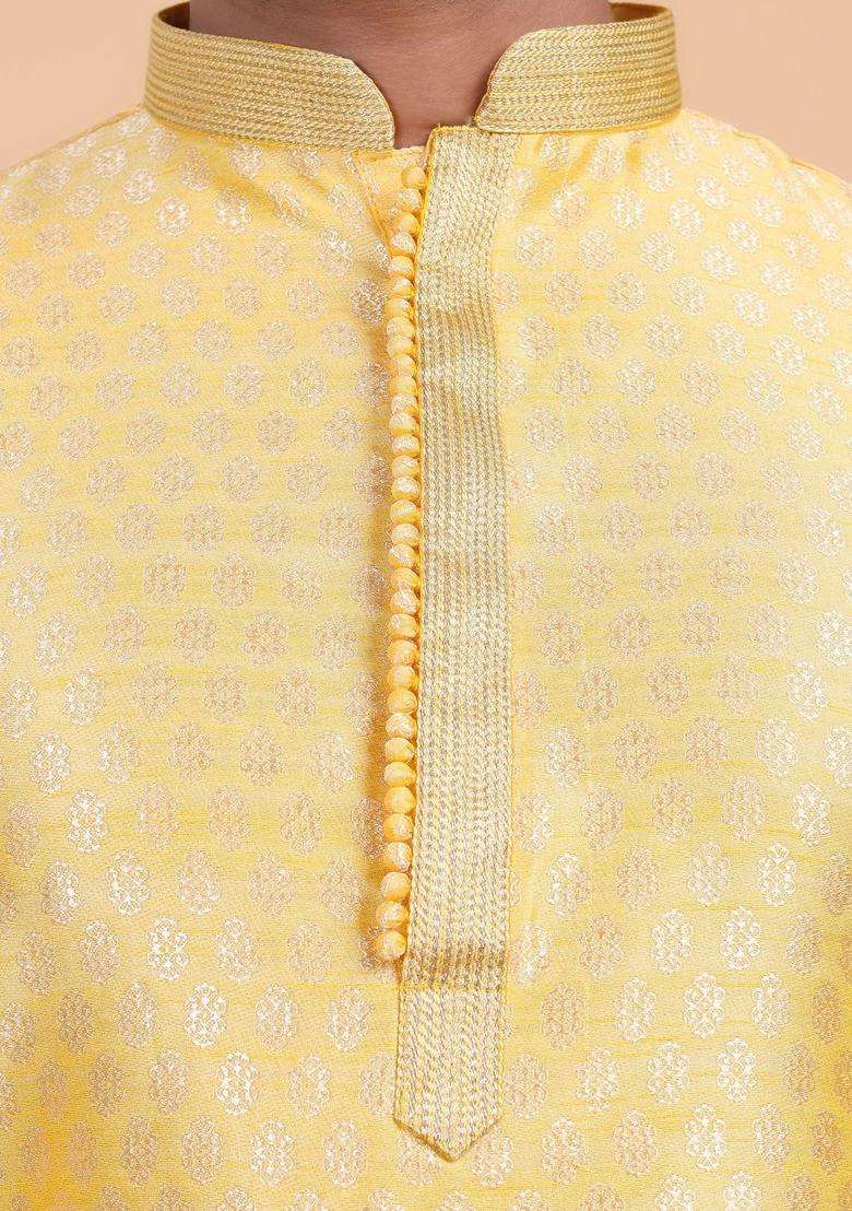 Yellow Woven Design Silk Blend Kurta Set For Men - Indya