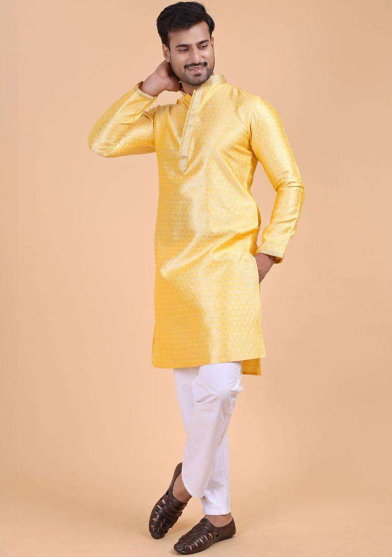 Yellow Woven Design Silk Blend Kurta Set For Men - Indya