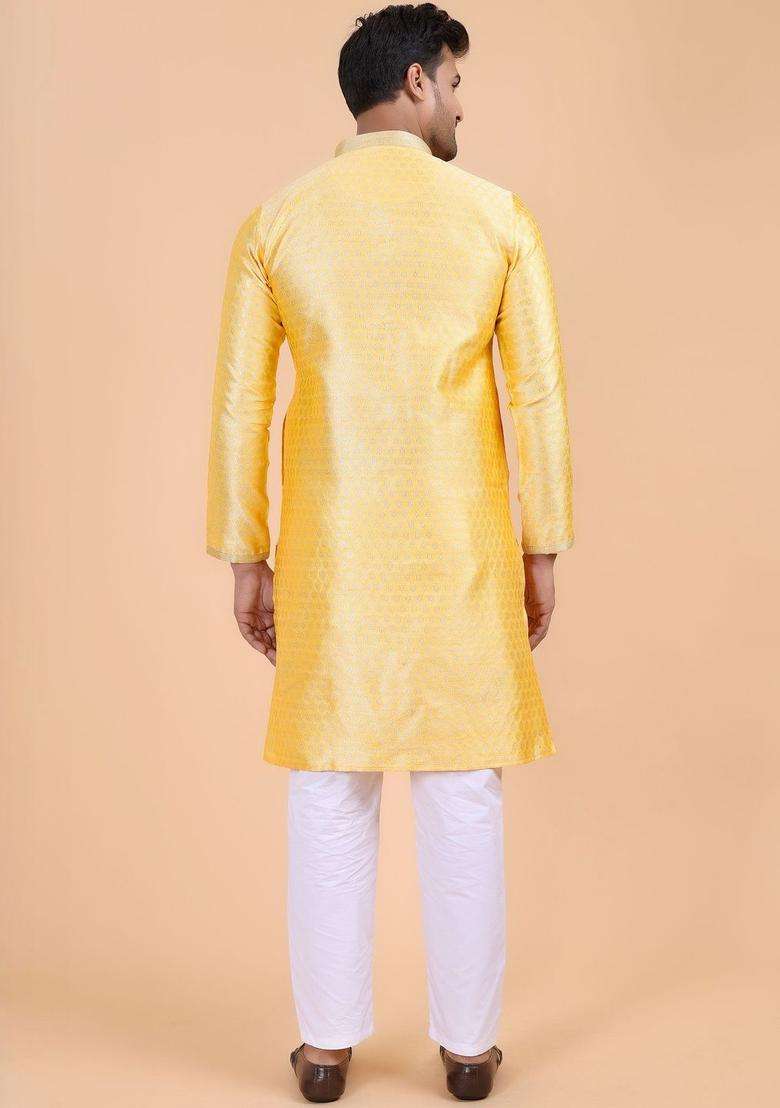 Yellow Woven Design Silk Blend Kurta Set For Men - Indya