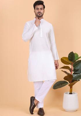 White Embroidered Silk Kurta Set For Men