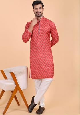Red Printed Silk Kurta Set For Men