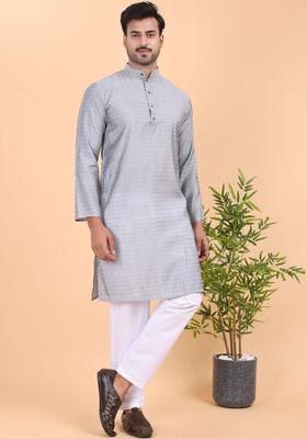 Grey Self Design Silk Blend Kurta Set For Men