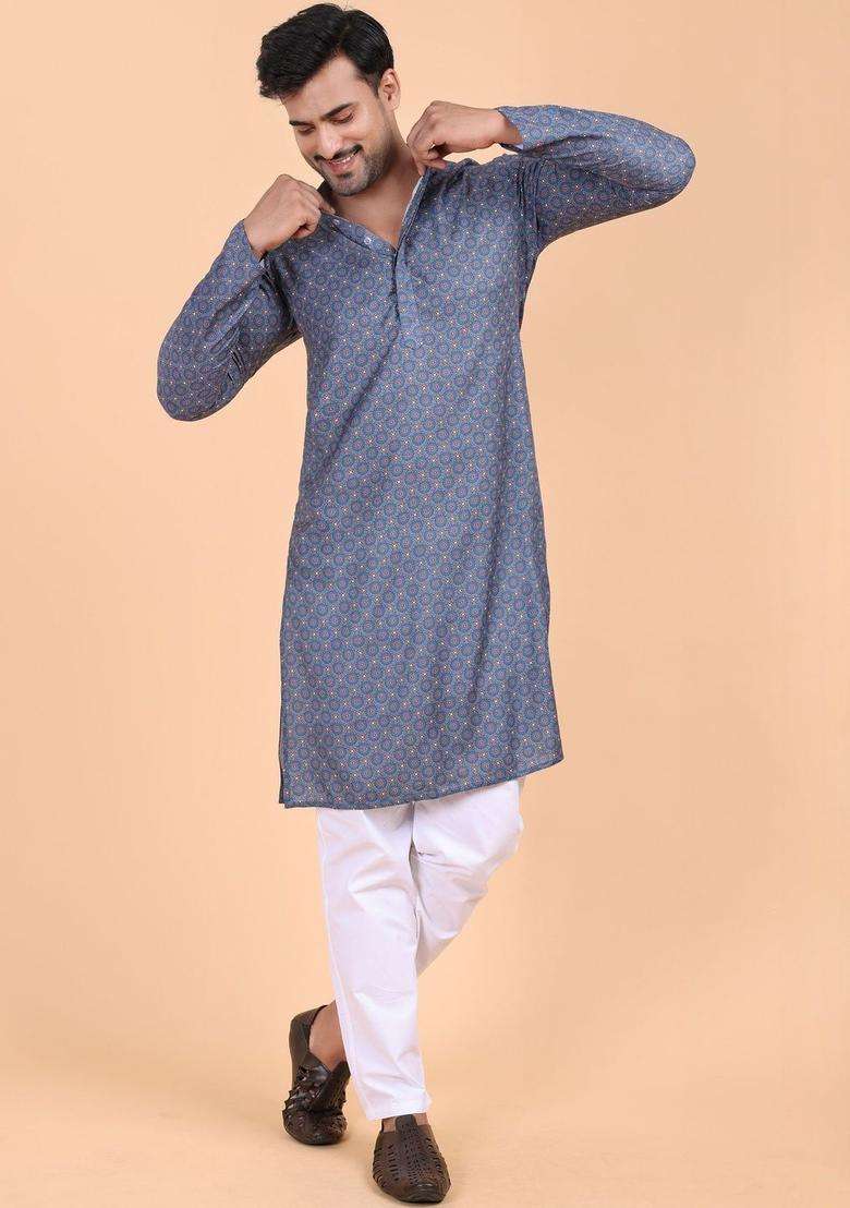 Blue Printed Silk Blend Kurta Set For Men - Indya