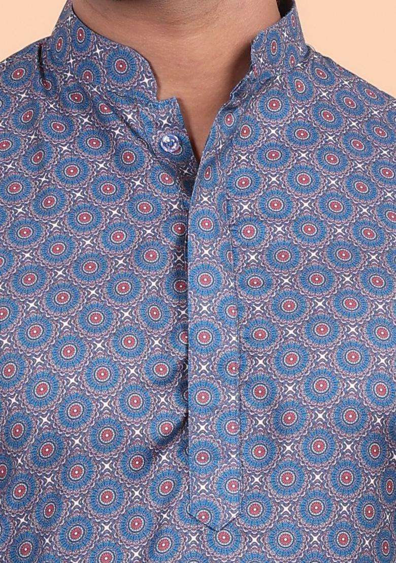 Blue Printed Silk Blend Kurta Set For Men - Indya