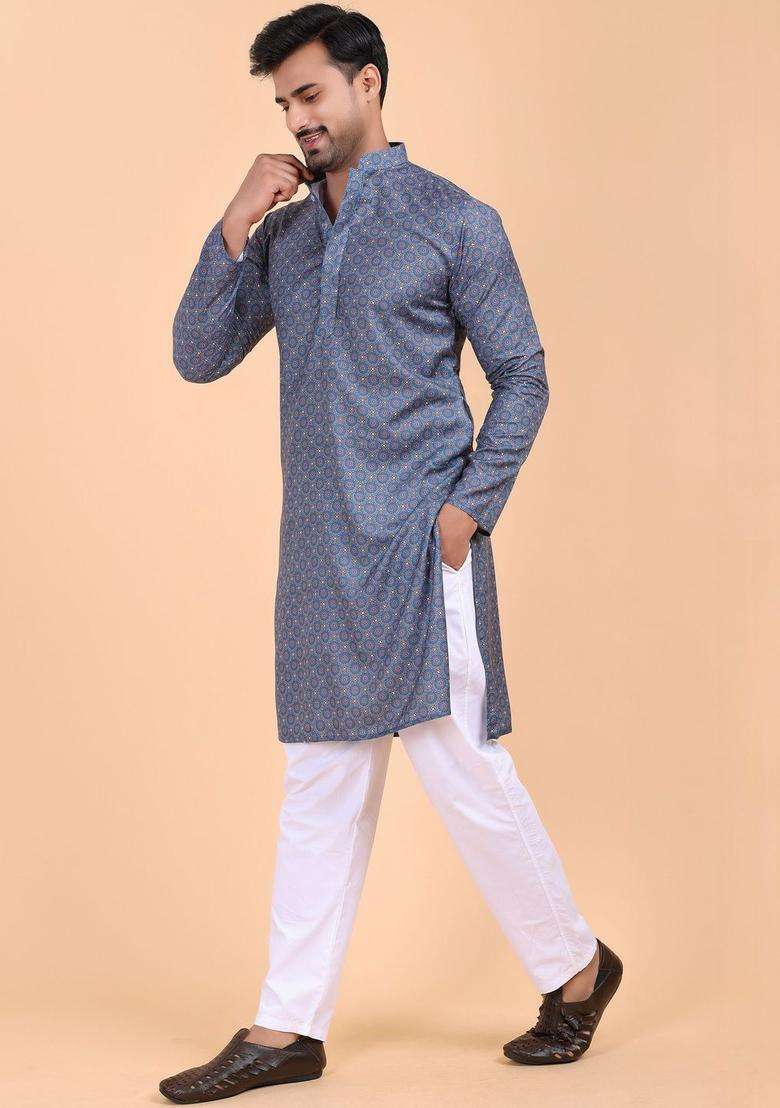Blue Printed Silk Blend Kurta Set For Men - Indya