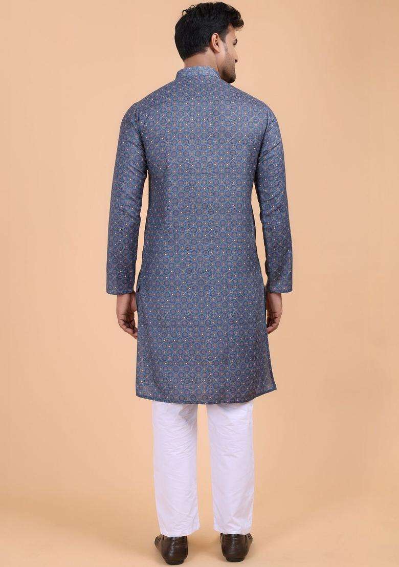 Blue Printed Silk Blend Kurta Set For Men - Indya