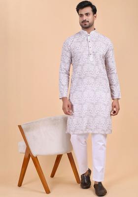 Purple Printed Cotton Kurta Set For Men