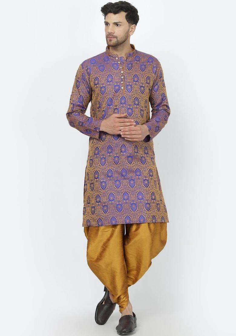 Blue Woven Design Silk Blend Kurta Set For Men - Indya