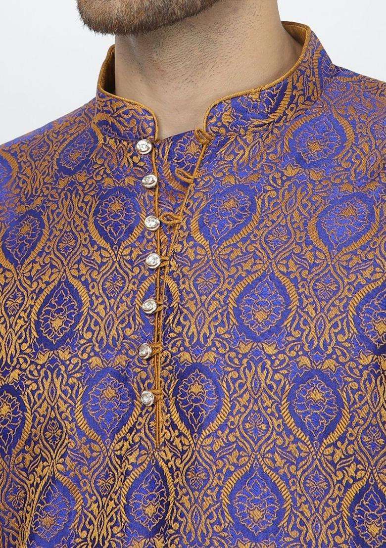 Blue Woven Design Silk Blend Kurta Set For Men - Indya