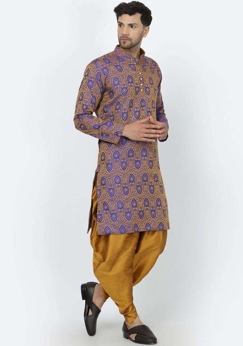 Blue Woven Design Silk Blend Kurta Set For Men - Indya