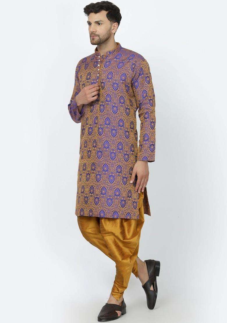 Blue Woven Design Silk Blend Kurta Set For Men - Indya