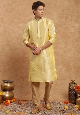 Beige Woven Design Silk Kurta Set For Men
