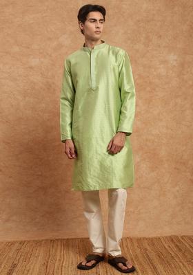 Green Woven Design Silk Kurta Set For Men