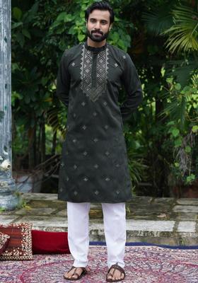 Olive Embroidered Cotton Kurta Set For Men
