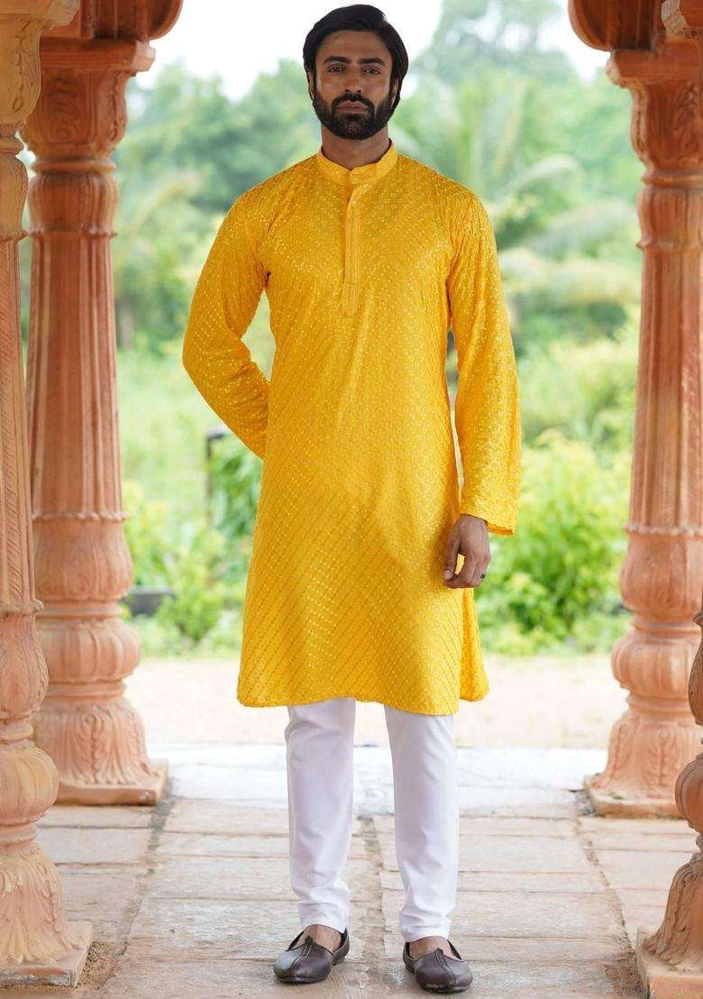 Yellow Embroidered Viscose Kurta Set For Men - Indya