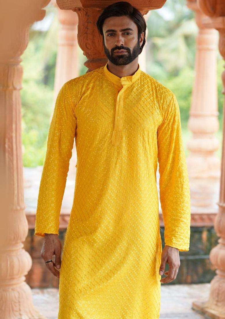 Yellow Embroidered Viscose Kurta Set For Men - Indya
