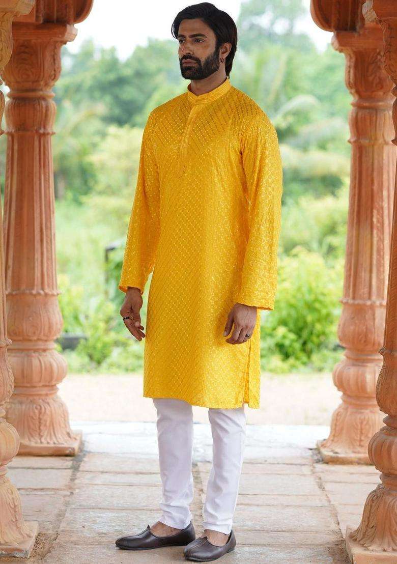 Yellow Embroidered Viscose Kurta Set For Men - Indya