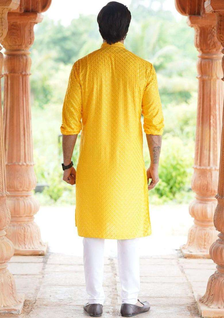 Yellow Embroidered Viscose Kurta Set For Men - Indya