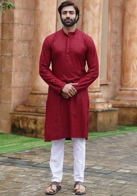 Maroon Embroidered Viscose Kurta Set For Men