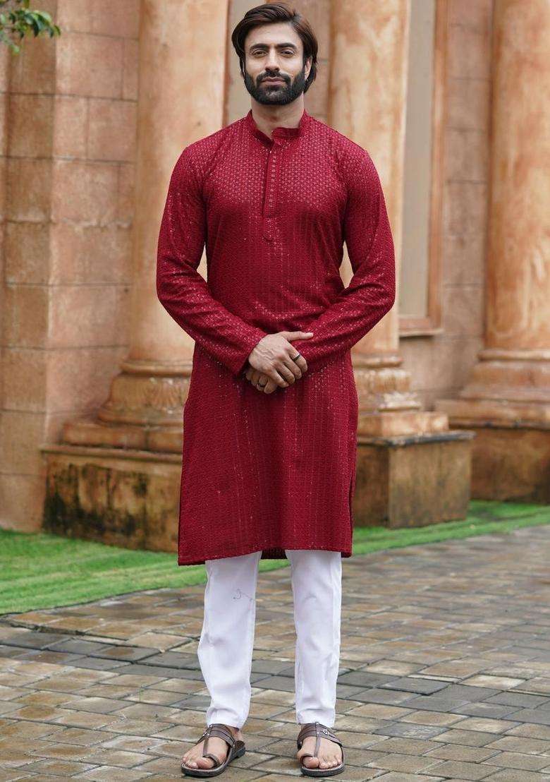 Maroon Embroidered Viscose Kurta Set For Men - Indya
