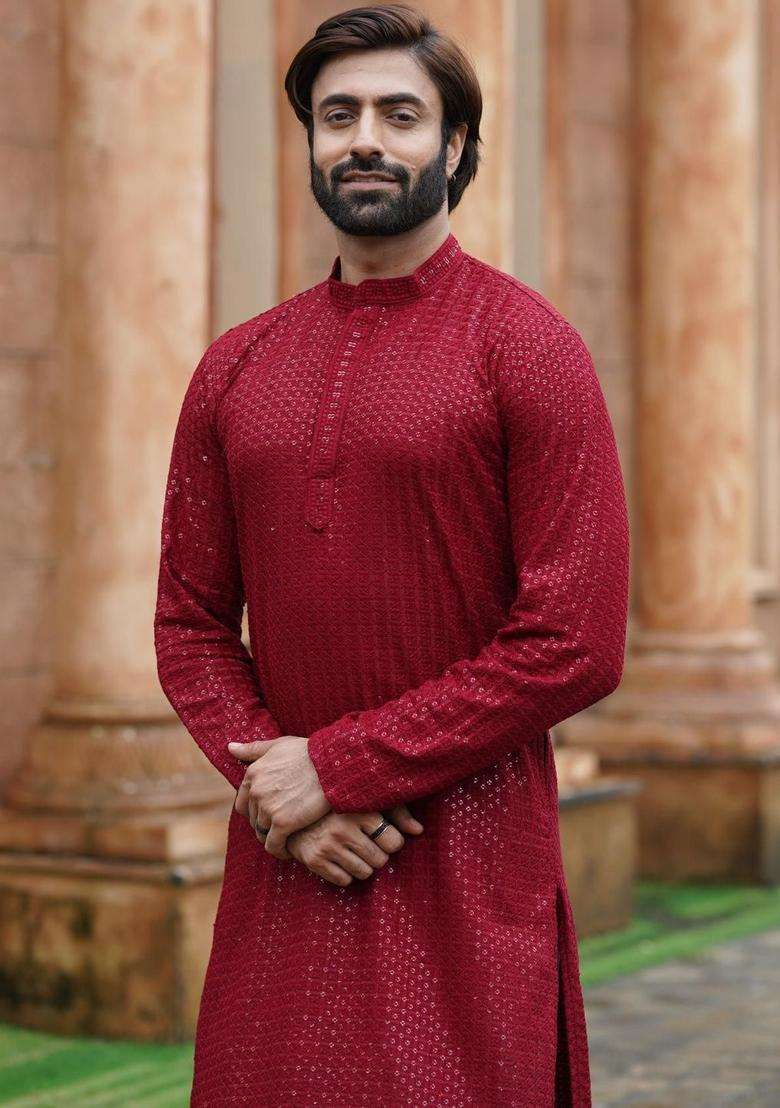 Maroon Embroidered Viscose Kurta Set For Men - Indya