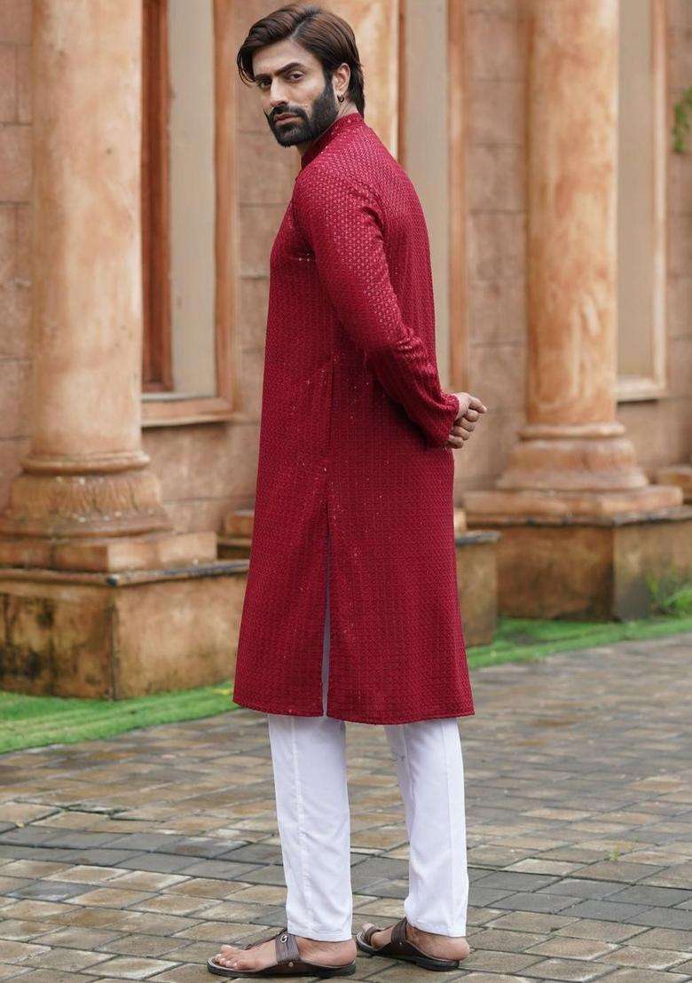 Maroon Embroidered Viscose Kurta Set For Men - Indya