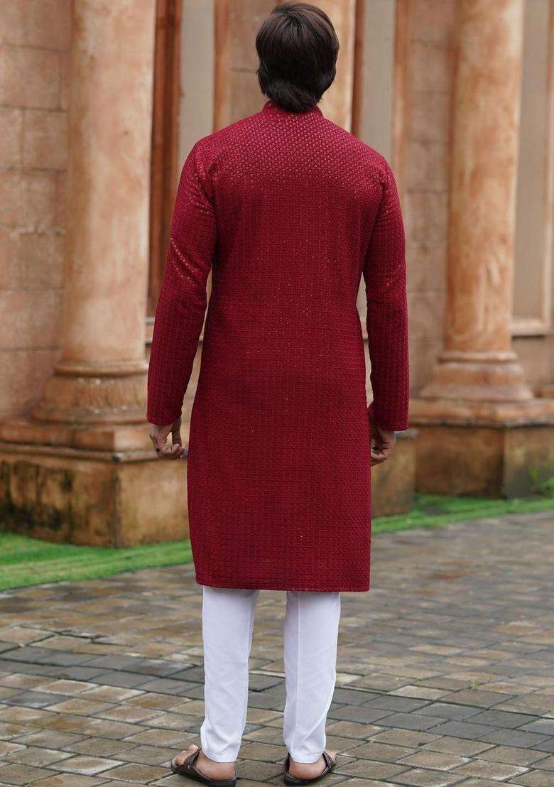 Maroon Embroidered Viscose Kurta Set For Men - Indya