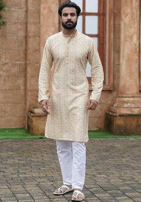 Beige Embroidered Georgette Kurta Set For Men