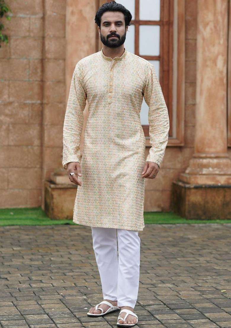 Beige Embroidered Georgette Kurta Set For Men - Indya