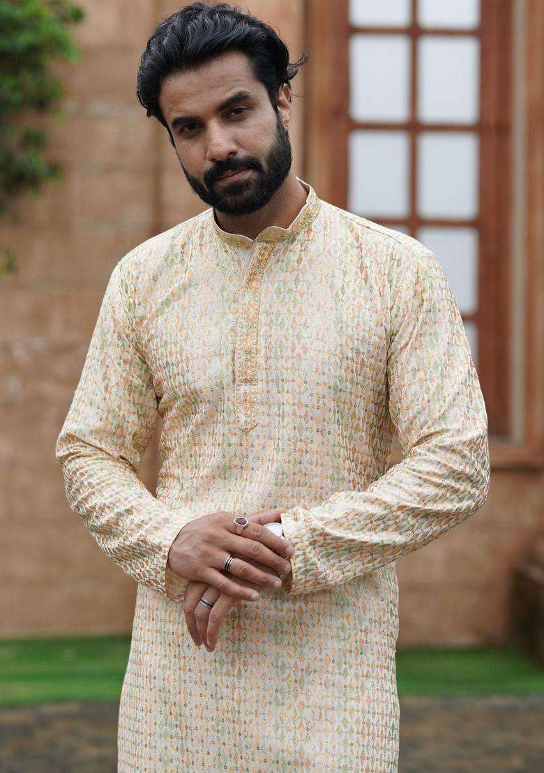 Beige Embroidered Georgette Kurta Set For Men - Indya