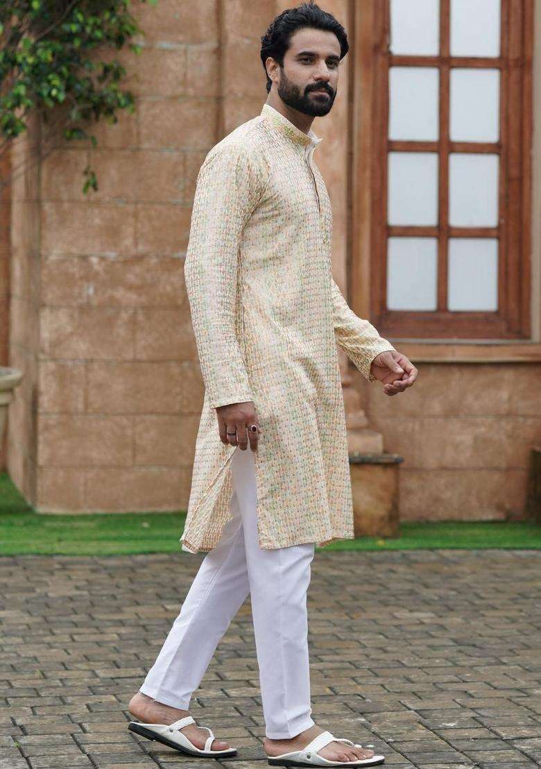 Beige Embroidered Georgette Kurta Set For Men - Indya