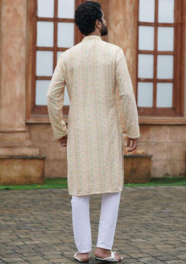 Beige Embroidered Georgette Kurta Set For Men - Indya