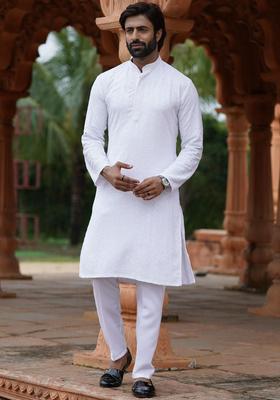 White Embroidered Cotton Kurta Set For Men
