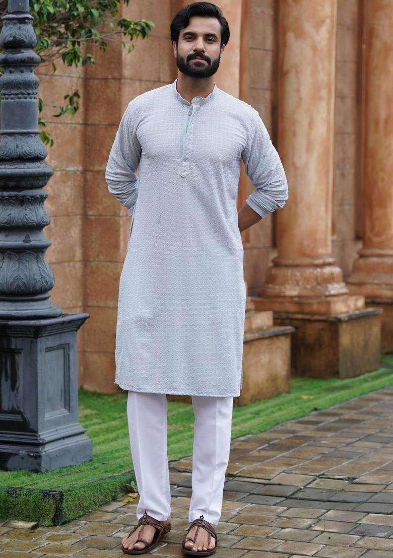 Blue Self Design Viscose Kurta Set For Men - Indya
