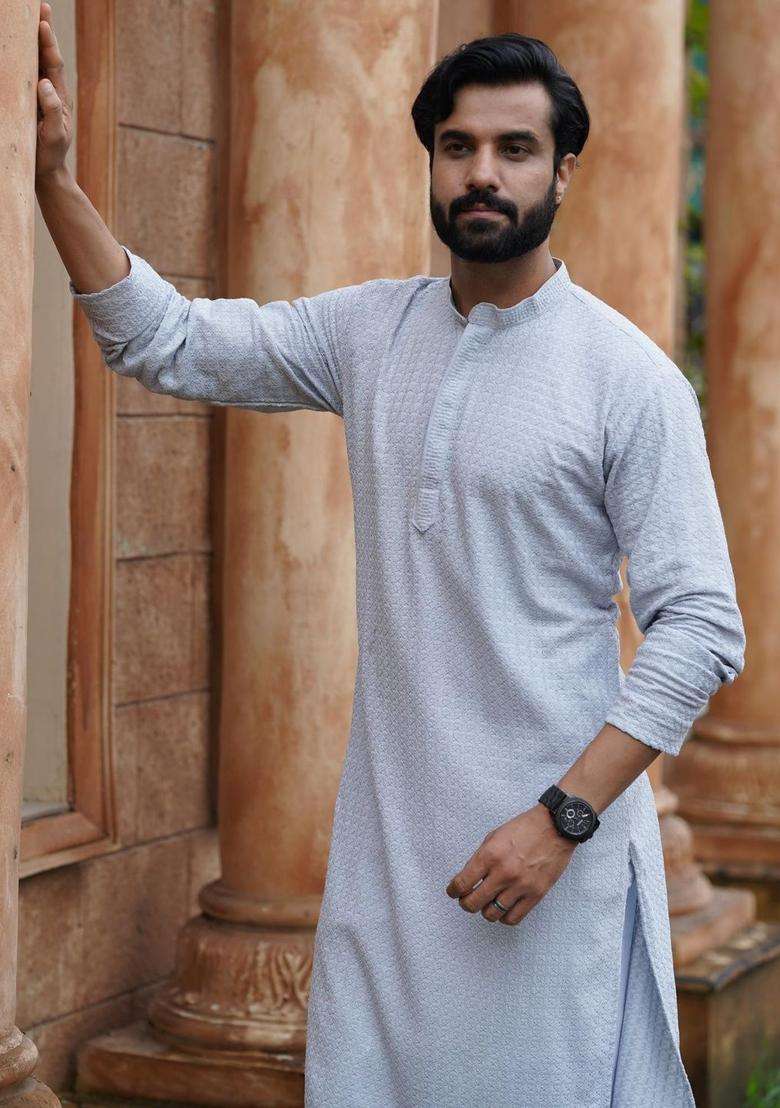 Blue Self Design Viscose Kurta Set For Men - Indya