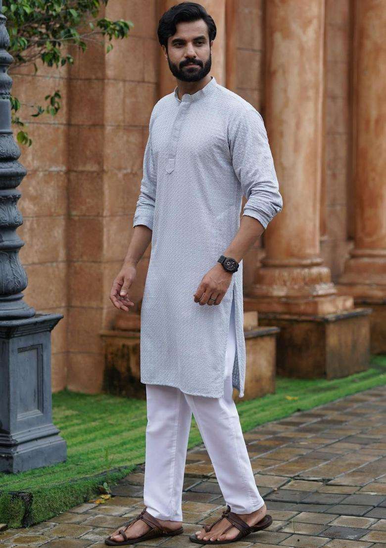 Blue Self Design Viscose Kurta Set For Men - Indya