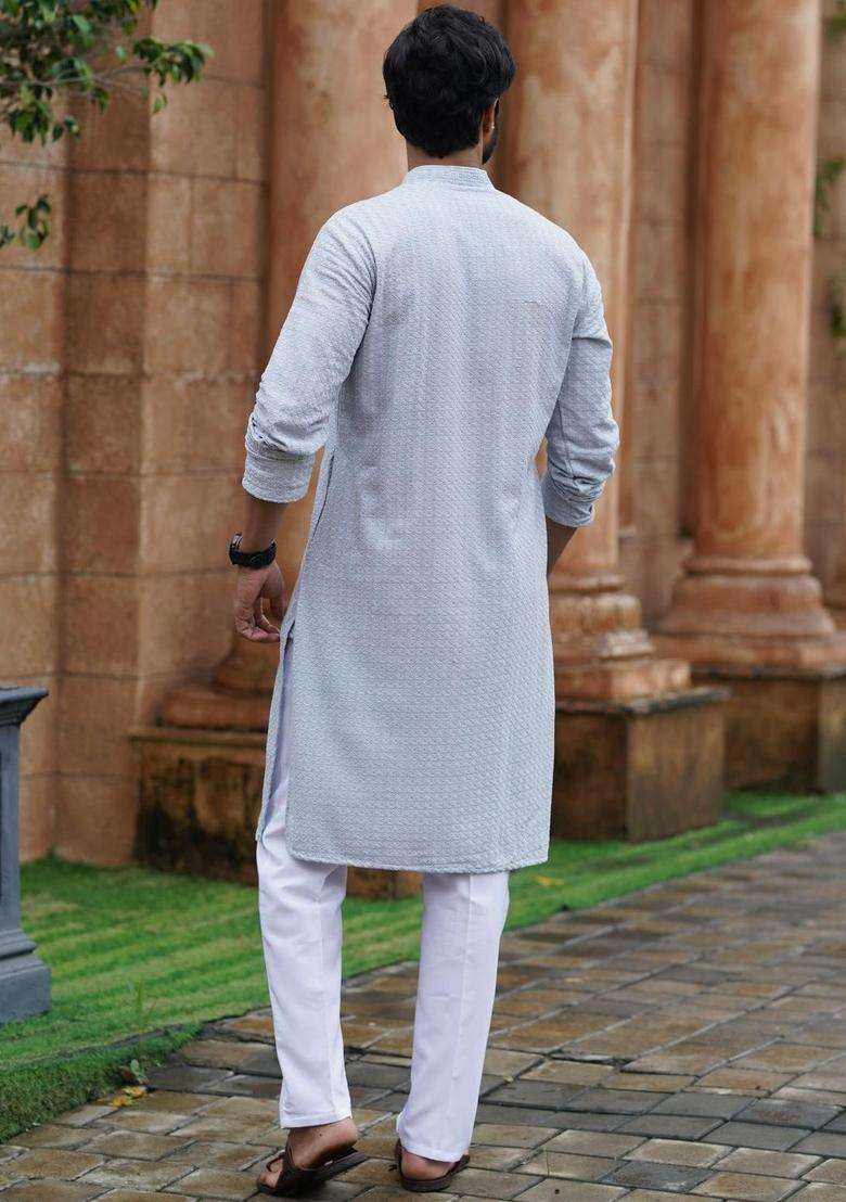 Blue Self Design Viscose Kurta Set For Men - Indya