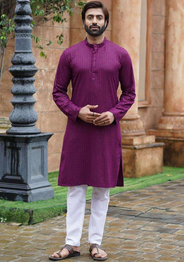 Purple Self Design Viscose Kurta Set For Men - Indya